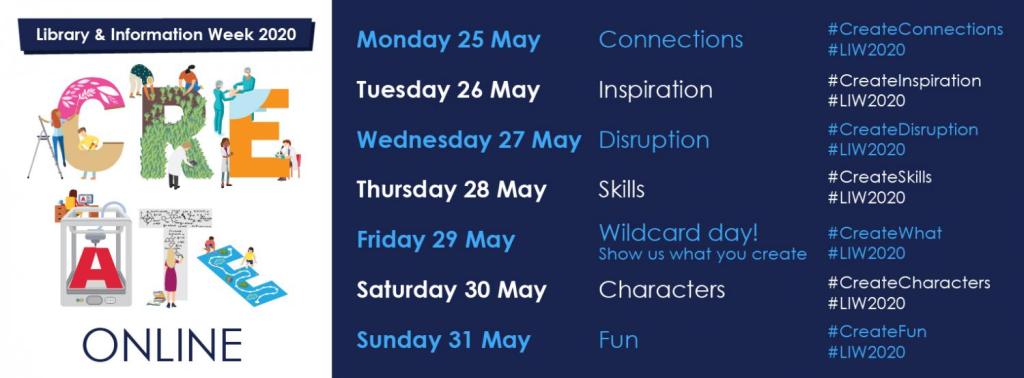 Library & Information Week 2020 Create Online themes
Monday 25 May Connections #CreateConnections #LIW2020
Tuesday 26 May Inspiration #CreateInspiration #LIW2020
Wednesday 27 May Disruption #Create Disruption #LIW2020 Thursday 28 May Skills #CreateSkills #LIW2020
Friday 29 May Wildcard Day! Show us what you create #CreateWhat #LIW2020
Saturday 30 May Characters #CreateCharacters #LIW2020
Sunday 31 May Fun #CreateFun #LIW2020